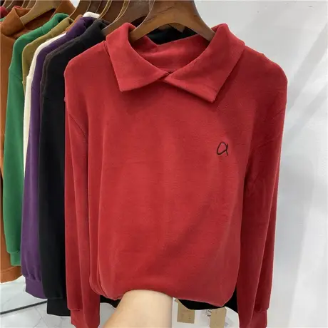 欧货翻领纯色字母刺绣翻领双面德绒长袖T恤女2022秋冬新款打底衫商品大图