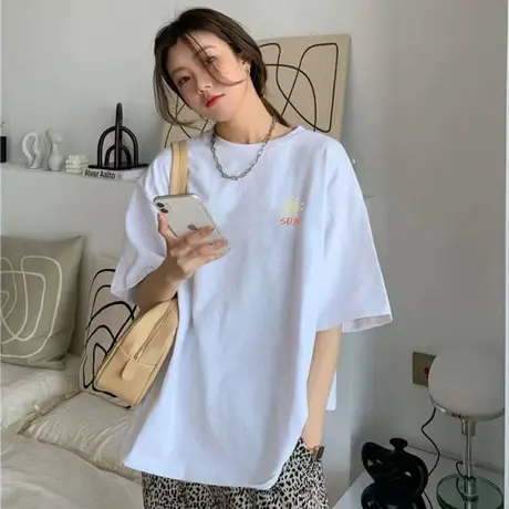 短袖t恤女夏季学生韩版宽松圆领洋气印花百搭原宿风上衣潮流女装商品大图