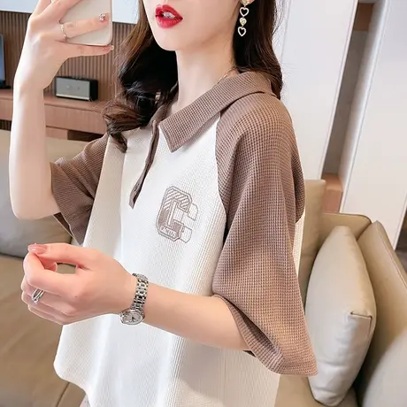 小众设计感短袖t恤女2023新款夏季韩版宽松小个子撞色polo领上衣图片