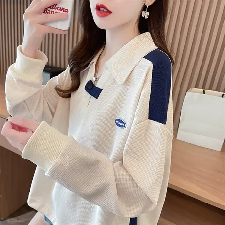 早秋polo领卫衣女春秋韩版宽松薄款设计感小众小个子撞色上衣外套商品大图