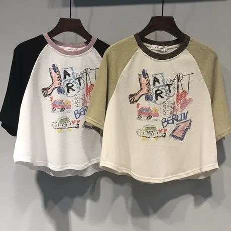 美式复古趣味印花半袖T恤女夏韩版百搭打底衫撞色插肩短袖上衣服商品大图