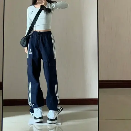 运动裤女秋冬2022新款小众设计感宽松显瘦垂感高腰直筒阔腿裤图片