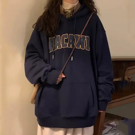 连帽卫衣女大码秋冬加绒加厚oversize小众美式复古外套宽松上衣潮图片