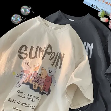 oversize美式大码小熊情侣t恤女宽松纯棉复古短袖ins潮小众上衣夏商品大图