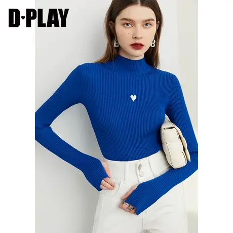 DPLAY秋装新克莱因蓝时尚半高领爱心刺绣修身保暖针织打底衫商品大图