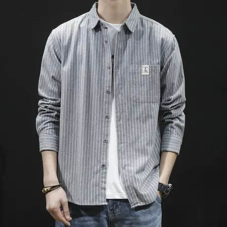 竖条纹春秋2023新款宽松衬衣外套秋季寸衫ins潮牌长袖休闲衬衫男商品大图