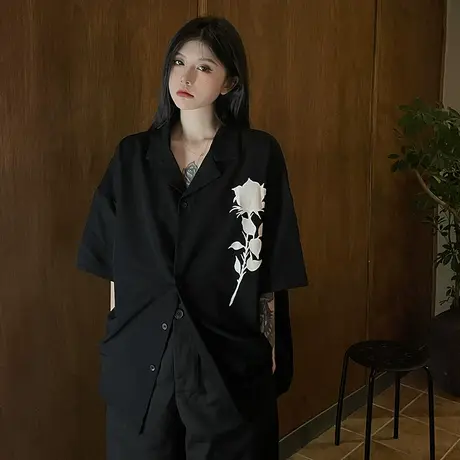 暗黑系山本风玫瑰复古短袖衬衫oversized古巴领衬衣男女同款上衣商品大图