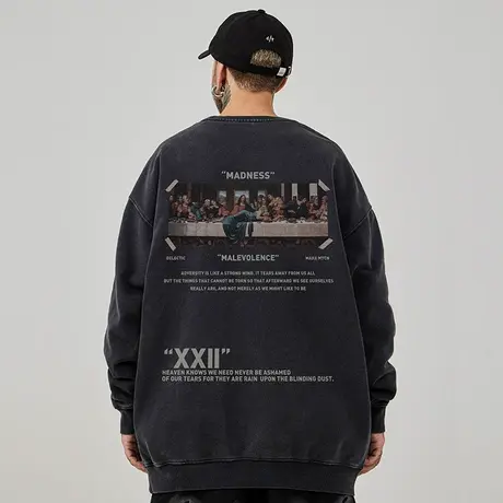 美式复古嘻哈大码卫衣男潮ins纯棉重磅水洗做旧高街外套加绒春秋图片