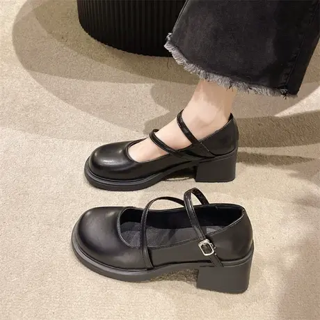 粗跟玛丽珍女鞋2023年夏季新款高跟浅口单鞋法式配裙子气质小皮鞋商品大图