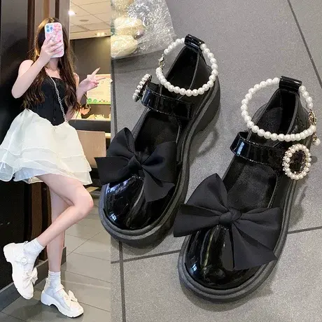 法式玛丽珍鞋女2023年新款春季珍珠蝴蝶结白色配裙子单鞋jk小皮鞋商品大图
