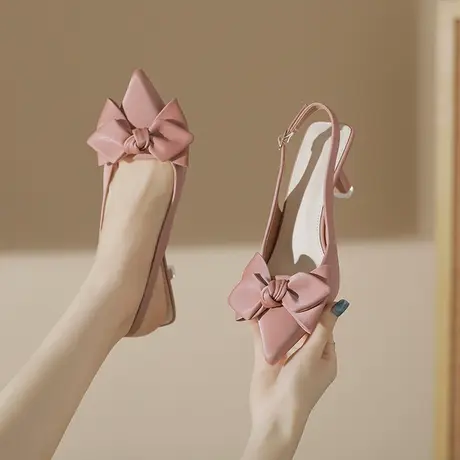 尖头包头凉鞋2023年夏季新款蝴蝶结后空纯色气质后空温柔风高跟鞋商品大图