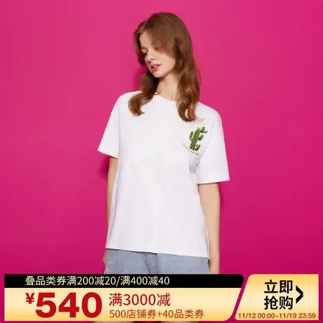 Juicy Couture橘滋23新款夏日沙漠皇冠logo绣花不对称拼接短袖T恤商品大图