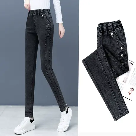 黑灰色弹力小脚牛仔裤加绒高腰显瘦紧身裤2023秋冬季小个子铅笔裤商品大图