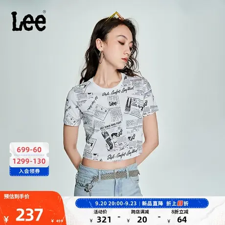 Lee商场同款23新品修身短款白色复古报纸印花女短袖T恤美式潮图片