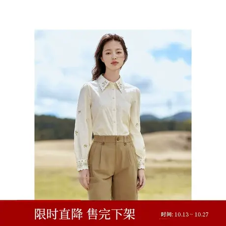 茵曼纯棉绣花衬衣2023秋女装新款刺绣剪边花朵尖领长袖显瘦上衣商品大图