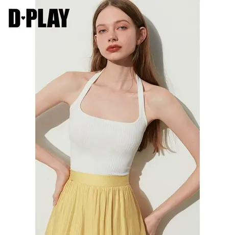 DPLAY夏新法式优雅挂脖时尚白修身短款外穿内搭针织背心上衣图片