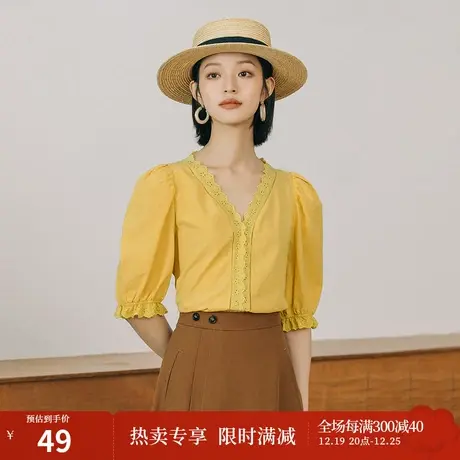 茵曼2023年夏装新款法式气质上衣别致很仙的设计感小众短袖衬衫女图片