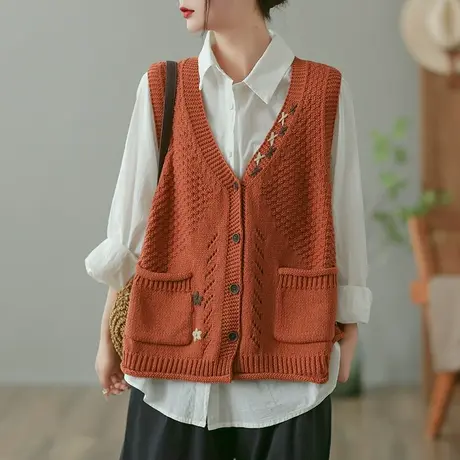 dza 复古宽松V领针织马甲开衫女士春秋外搭毛衣背心口袋马夹上衣商品大图