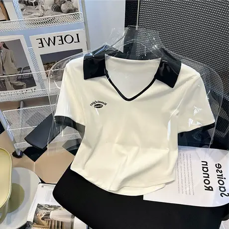 V领短袖正肩t恤女夏季2023年新款polo衫上衣翻领设计感小众ins潮商品大图