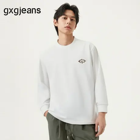 gxg.jeans男装 白色细致绣花基础休闲圆领长袖T恤内搭 25年春新品图片