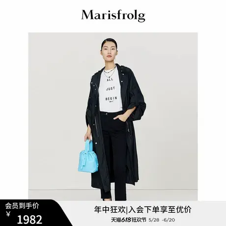 【商场同款】玛丝菲尔春季新款黑色立领抽绳宽松风衣商品大图