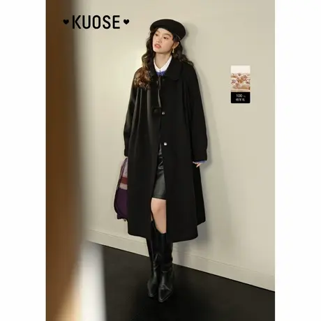 阔色法式长款羊毛双面呢子大衣女2024秋冬新款赫本风黑色毛呢外套商品大图