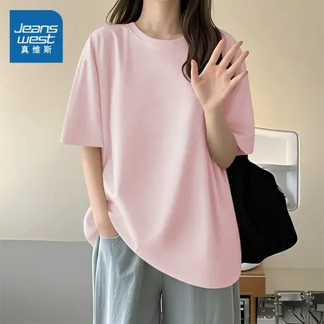 NOB真维斯粉色纯棉宽松短袖t恤女2025新款夏季爆款薄运动正肩上衣商品大图