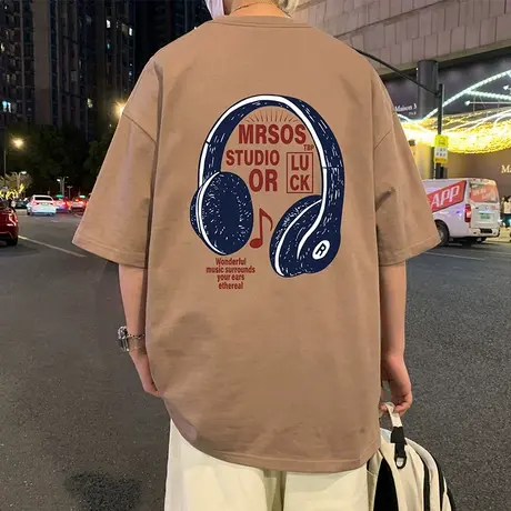 夏季短袖t恤男重磅纯棉2025新款休闲圆领体恤衫港风耳机印花半袖商品大图
