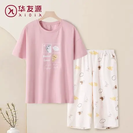 华友源女士夏季短袖家居服透气卡通印花七分裤大码可外穿纯棉睡衣商品大图