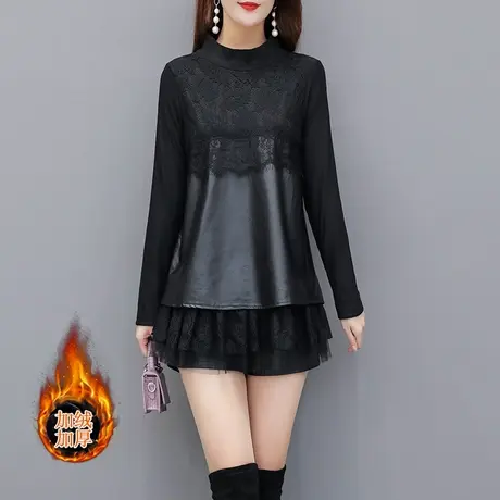 加绒加厚打底衫女2023秋冬款时尚气质胖MM宽松显瘦蕾丝拼接皮上衣商品大图
