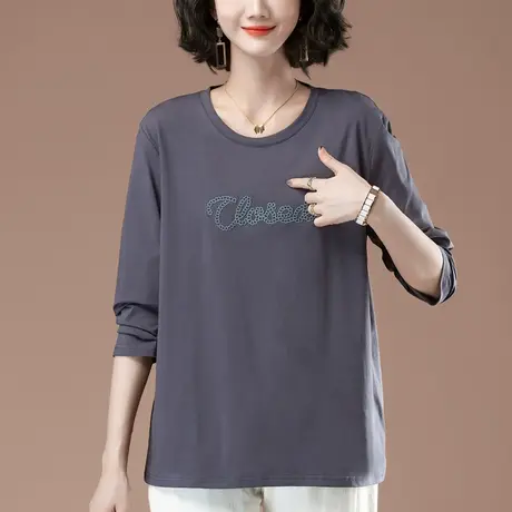 加肥加大码长袖t恤女中年妈妈春秋宽松纯棉遮肚子刺绣圆领打底衫商品大图