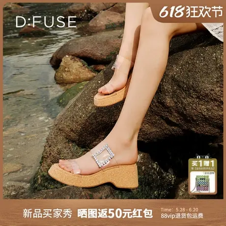 Dfuse迪芙斯2025夏季新款木纹拖鞋耀眼钻扣仙女风坡跟凉拖图片