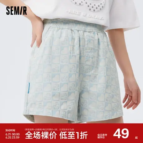 [商场同款]森马牛仔裤女棋盘格松紧腰2023夏新款潮流凉感短裤宽松图片