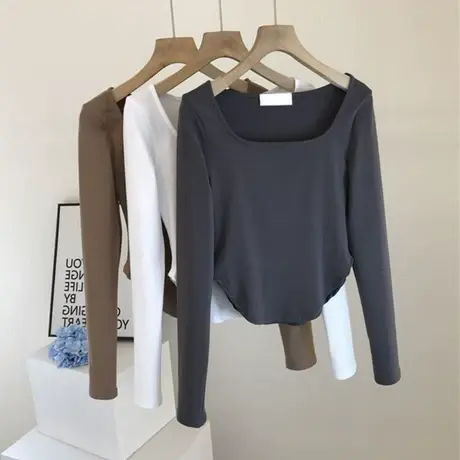 方领打底衫修身内搭短款上衣女2023年新款早秋季纯色高腰长袖t恤商品大图