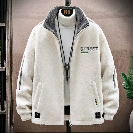 颗粒绒外套男秋冬季潮流宽松立领夹克加厚青少年冬装羊羔毛上衣服商品大图