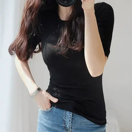 夏气质性感显胸大修身显瘦中袖T恤紧身弹力打底衫女微透短袖上衣图片