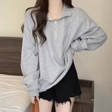 大码宽松POLO领卫衣女长袖秋装韩版百搭半拉链薄款上衣外套ins潮图片