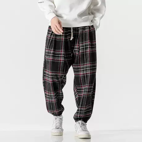 秋冬男休闲裤格子大码毛呢裤子哈伦裤日系收口长裤加厚收口束脚裤商品大图