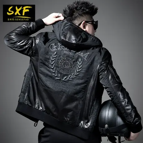 SXF圣希梵皮衣男 连帽拼接真皮夹棉加厚外套机车男士山羊皮夹克潮商品大图