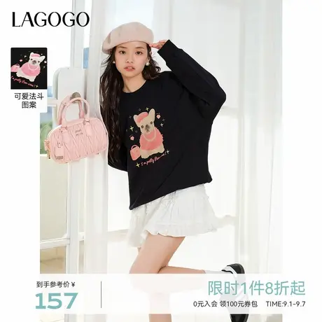 LAGOGO元气小狗印花落肩卫衣女拉谷谷2025秋新款黑色圆领通勤上衣图片
