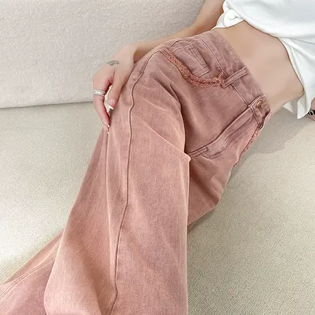 脏粉色阔腿牛仔裤女春秋2023年新款高腰窄版直筒显瘦时尚拖地裤潮商品大图