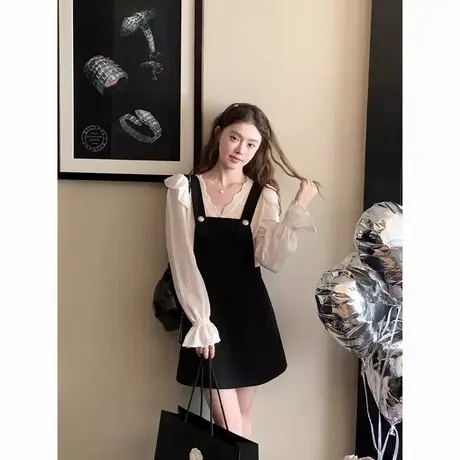 爵莱菲大码法式小香风背带裙女秋赫本风高级感连衣裙叠穿小黑裙商品大图