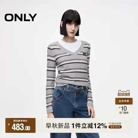 ONLY2025秋季新款V字领口复古撞色条纹刺绣字母图案正肩针织衫女商品大图