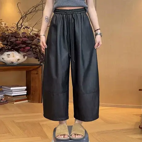 高腰显瘦流行休闲裤女2025秋季大码胖MM百搭直筒纯色阔腿九分皮裤商品大图