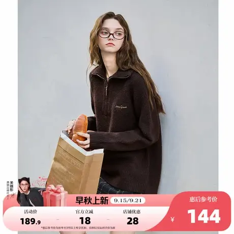 唐狮2025年秋冬毛衣女高级感简约翻领拉链半开襟净色美式毛线衫商品大图