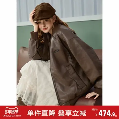 唐狮2026秋冬季女款短款外套仿皮衣羽绒服棕色开衫外套棒球领保暖商品大图