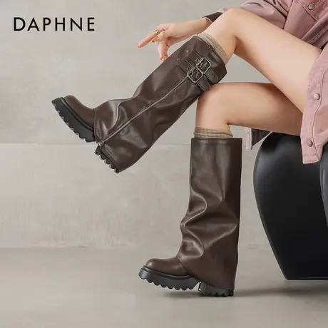 达芙妮高跟裤管靴女长筒堆堆靴2026新款秋季美拉德西部牛仔骑士靴图片