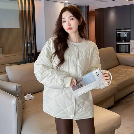 唐狮新款棉衣女爆款今年流行棉袄短款白色菱形格轻薄上衣女夹棉tu商品大图