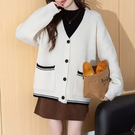 唐狮秋冬季女毛衣简约百搭撞色边设计V领开衫外套宽松毛线衫tu图片