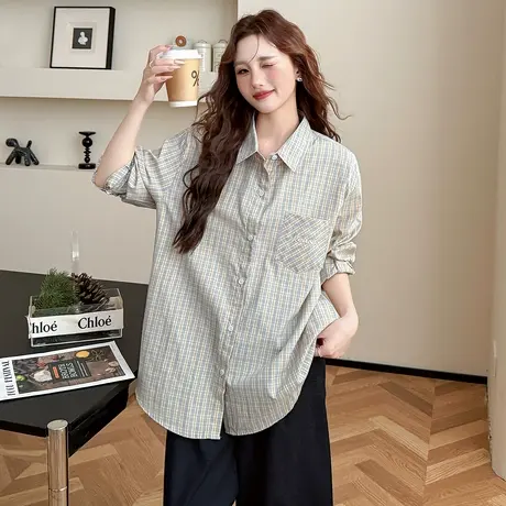 唐狮春秋季格纹长袖衬衫女小清醒鹅黄色蓝色衬衣时尚少女上新BLtu商品大图